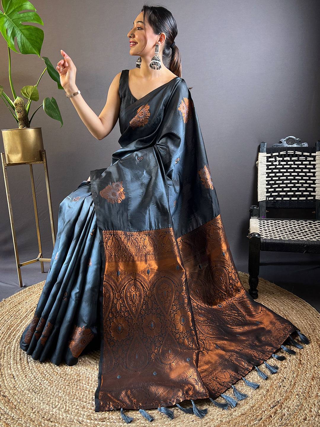 Black Tussar Silk Ikkat Weaving Saree