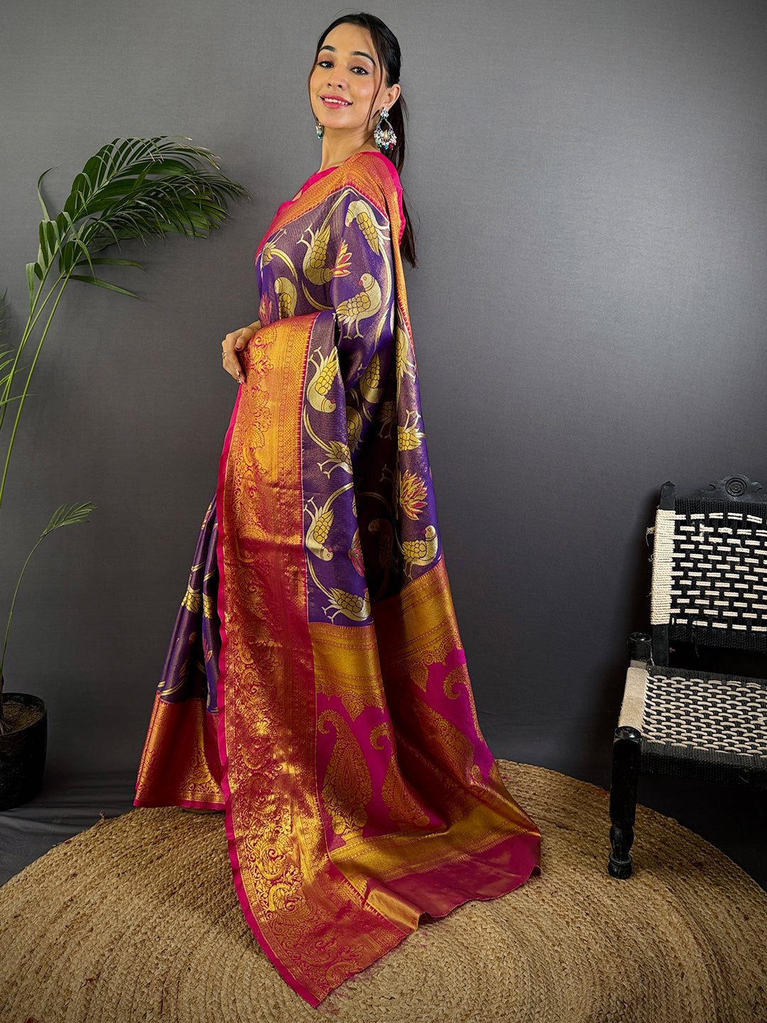 Purple Dharmavaram Gold Birds Print Saree by My Store