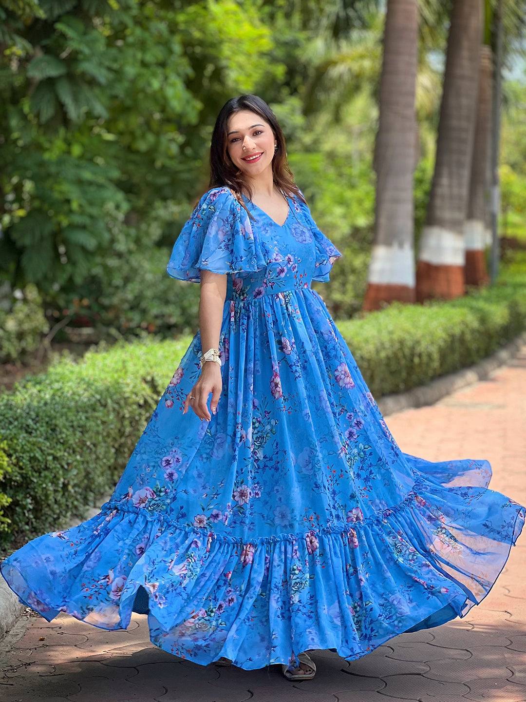 Orchid Blue Printed Flary Dress by My Store