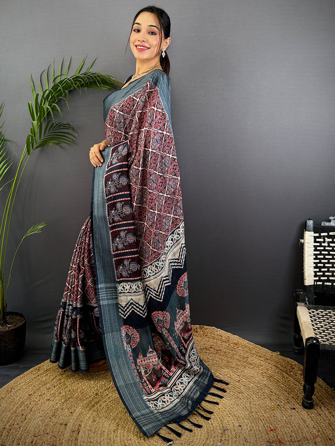 Multi Linen Block Kalamkari Print Saree by My Store