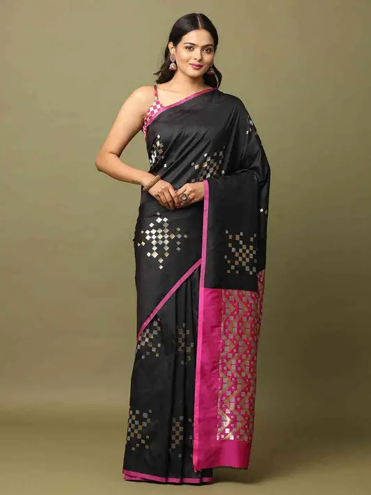 Black Banarasi Katan Silk Kanchi Zari Weaving Saree