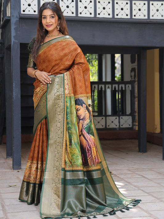 Brown Pure Viscose Dola Silk Saree With Kalamkari And Mughal Print - Luxe by My Store