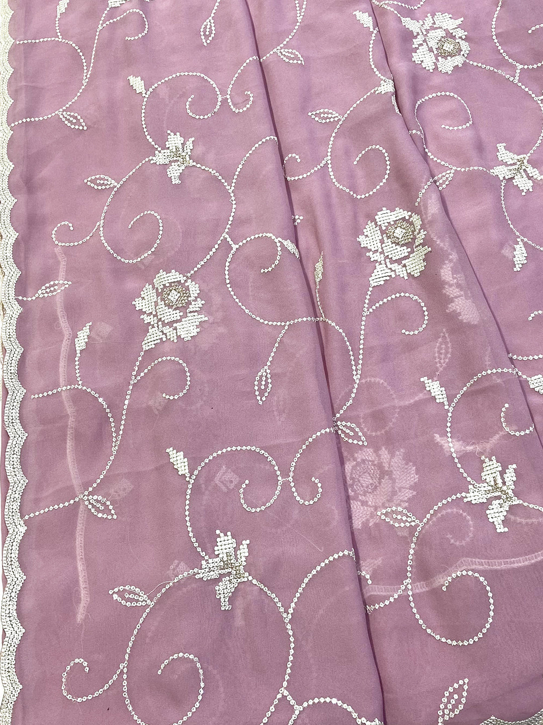 Lavender Georgette Sequin Embroidery Saree by My Store