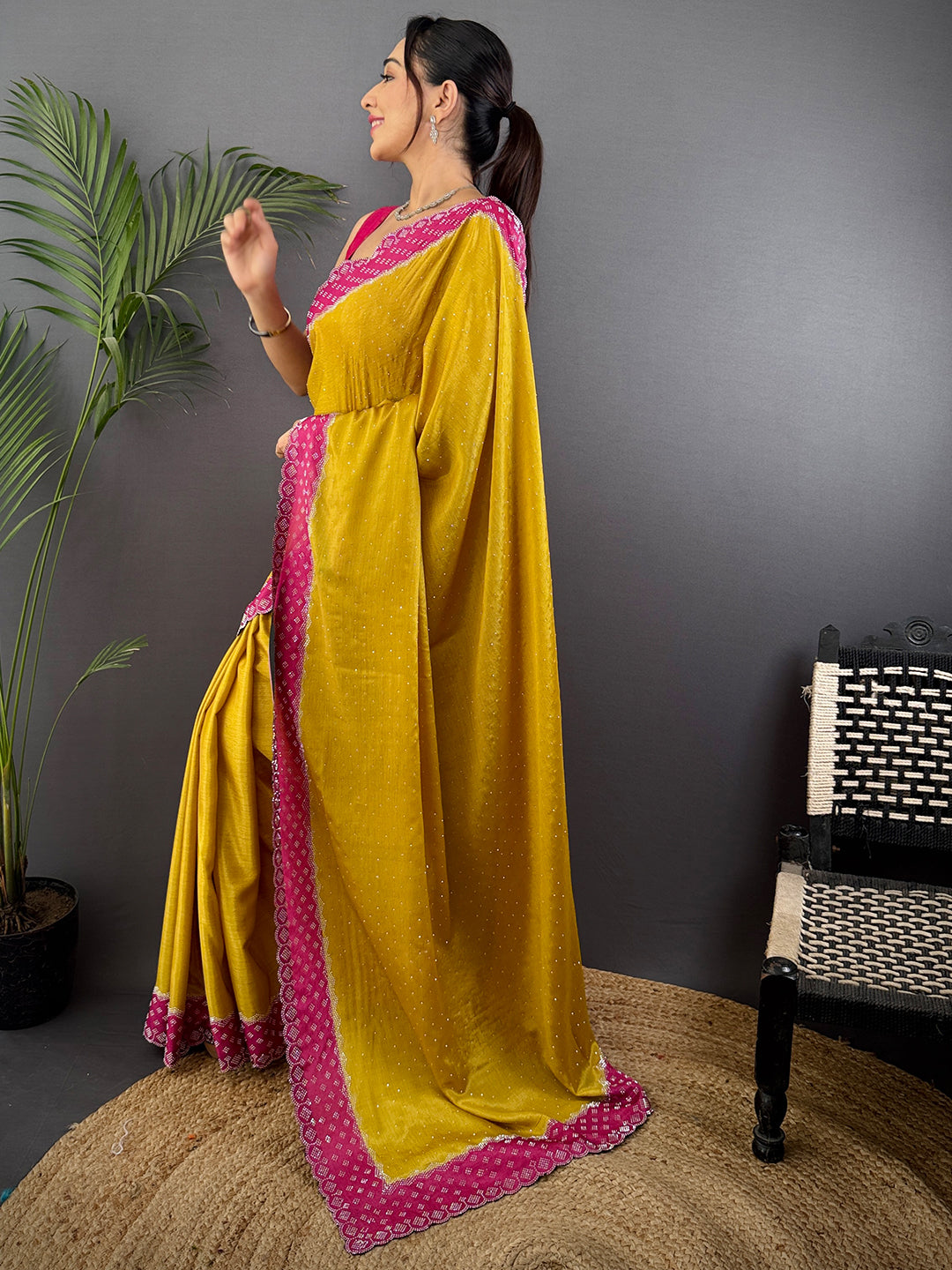 Mustard Poly Chiffon Diamond Swaroski Work Saree by My Store