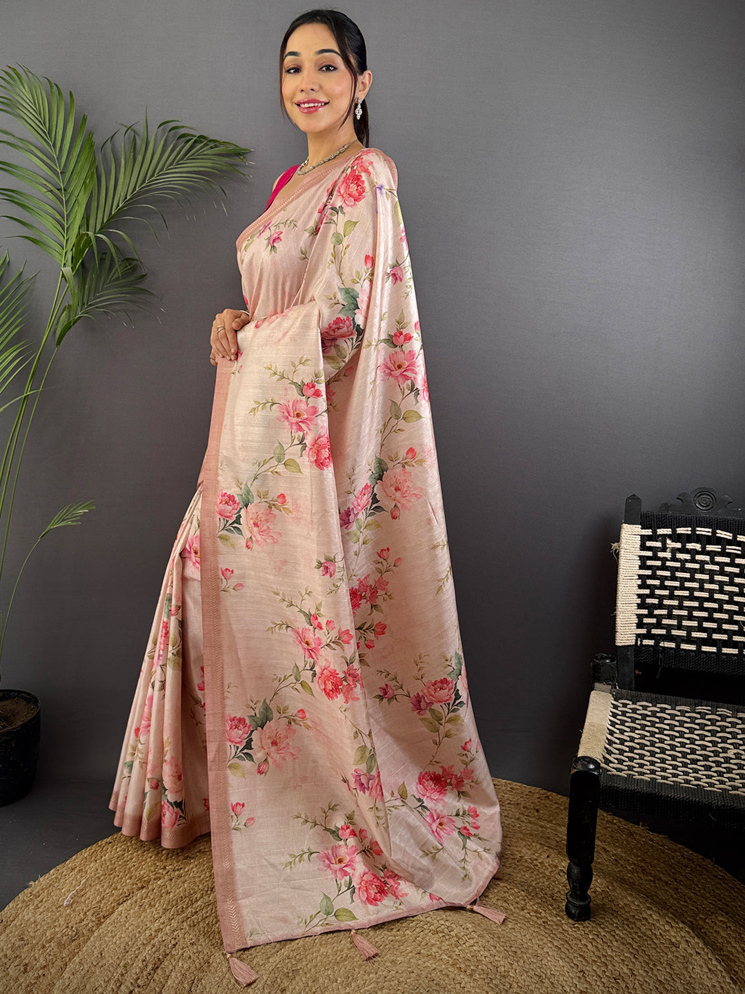 Light Pink Ghicha Leaf Print Saree by My Store