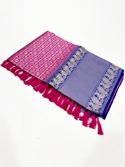 Pink Silver Zari Butta Kanjivaram Silk Saree by My Store