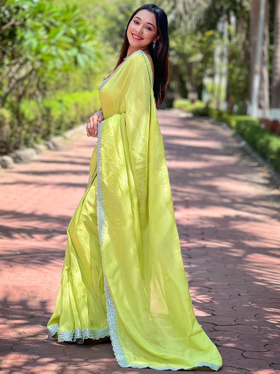 Carnation Green Pure Viscose Dyed Saree by My Store