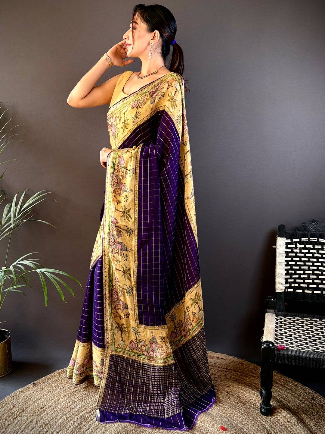 Purple Chinnon Chiffon Kalamkari Saree by My Store