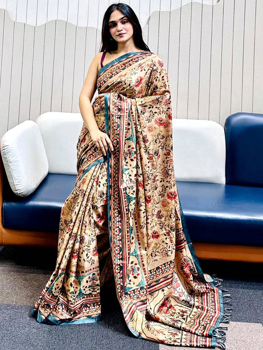 Chiku Tussar Silk Flower Pashmina Print Saree by My Store