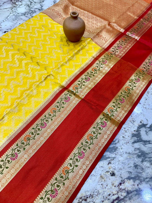 Regal Yellow And Red Zari Saree by My Store