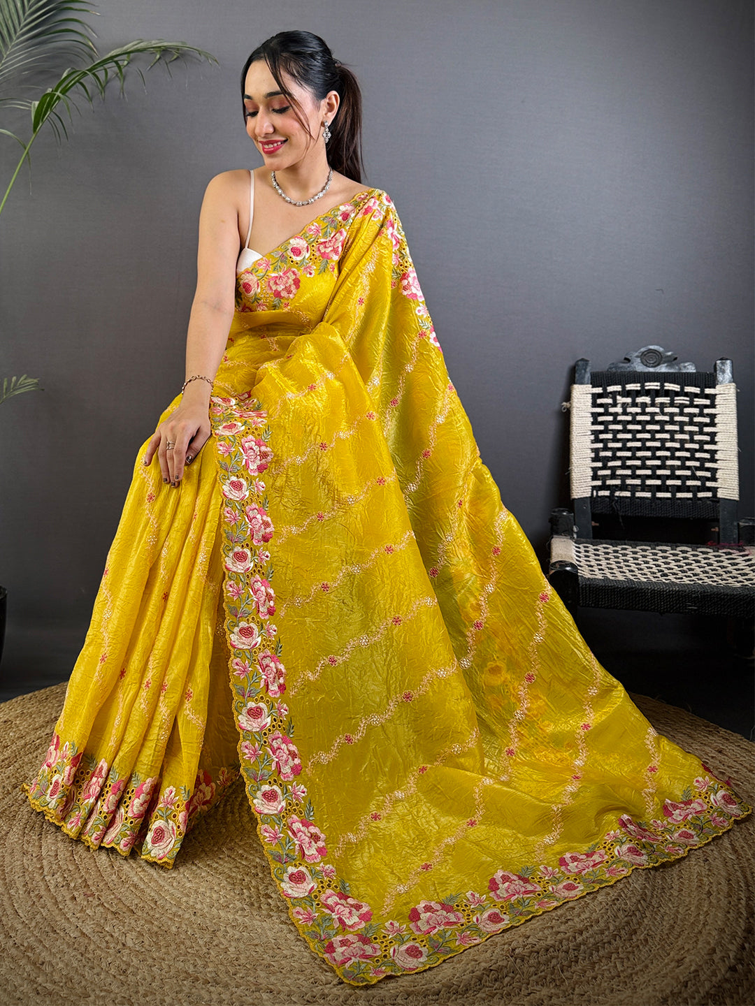 Yellow Crush Silk Embroidery Work Saree