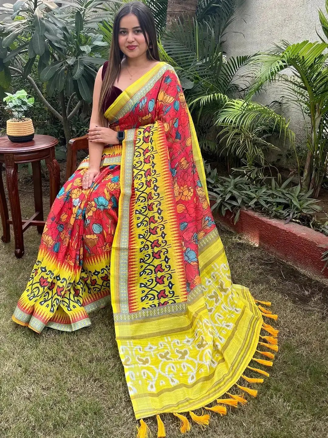 Floral Ikkat Printed Party Wear Saree by My Store