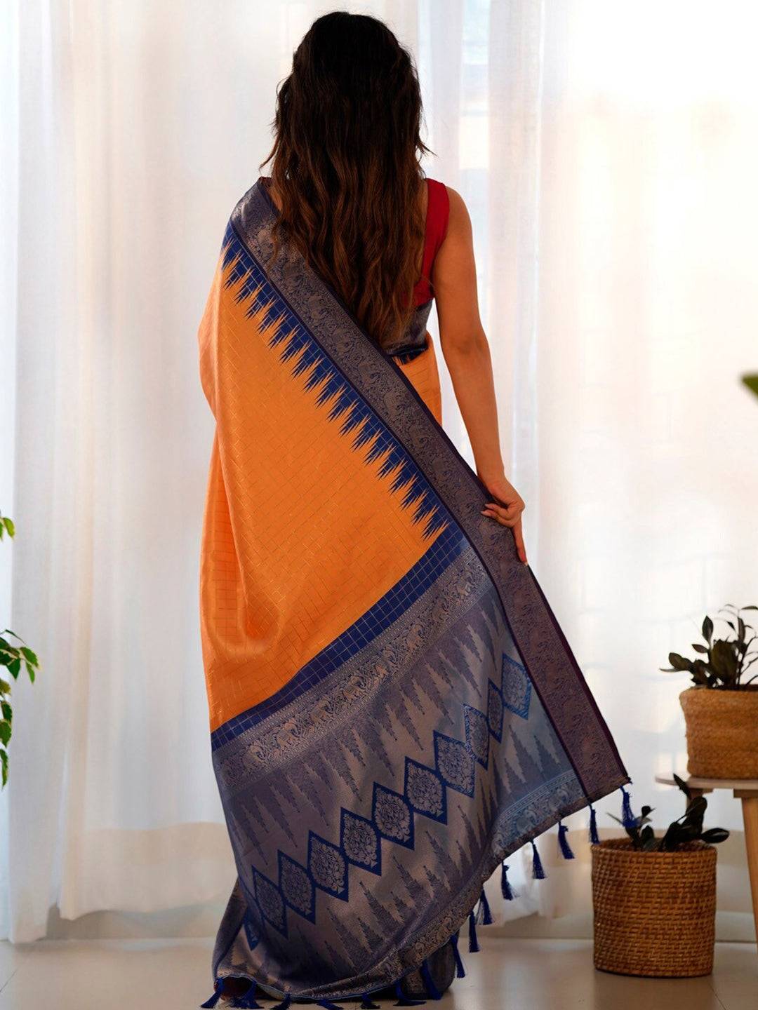 Orange Colour Banarasi Soft Silk Gadwal Pattu Zari Weaving Party Wear Saree by My Store