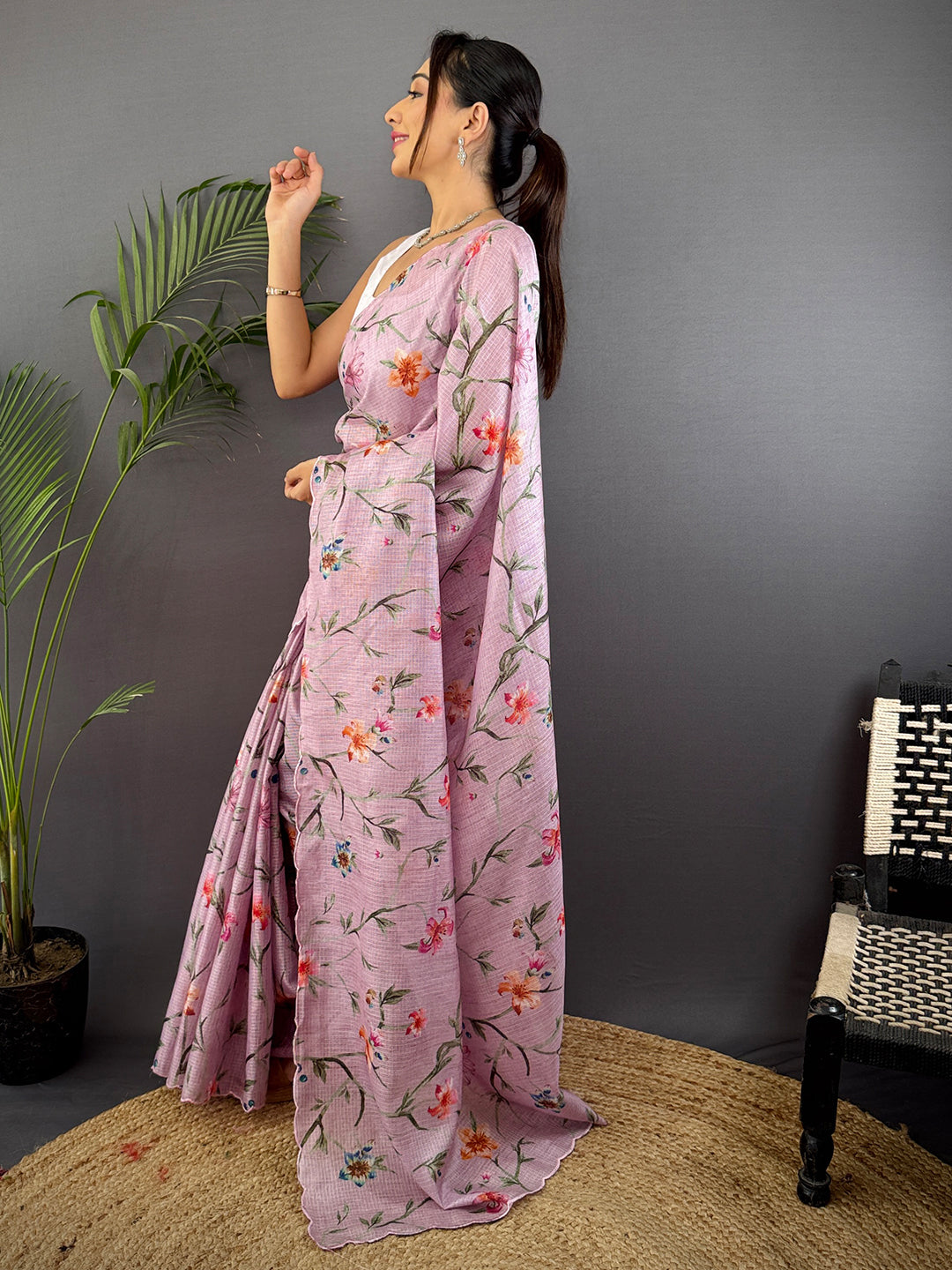 Light Lavender Soft Kota Floral Print Saree by My Store