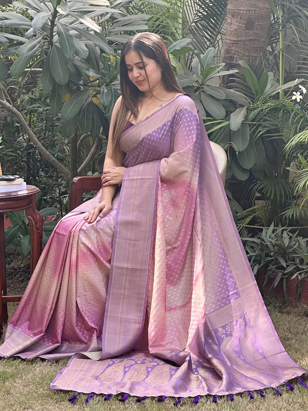 Violet Soft Silk Banarasi Ombre Print Saree