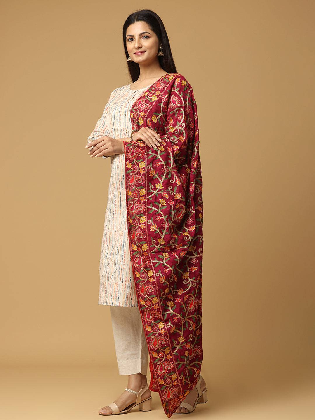 Beautiful Wine  Poly Chiffon Pashmina Threadwork Dupatta