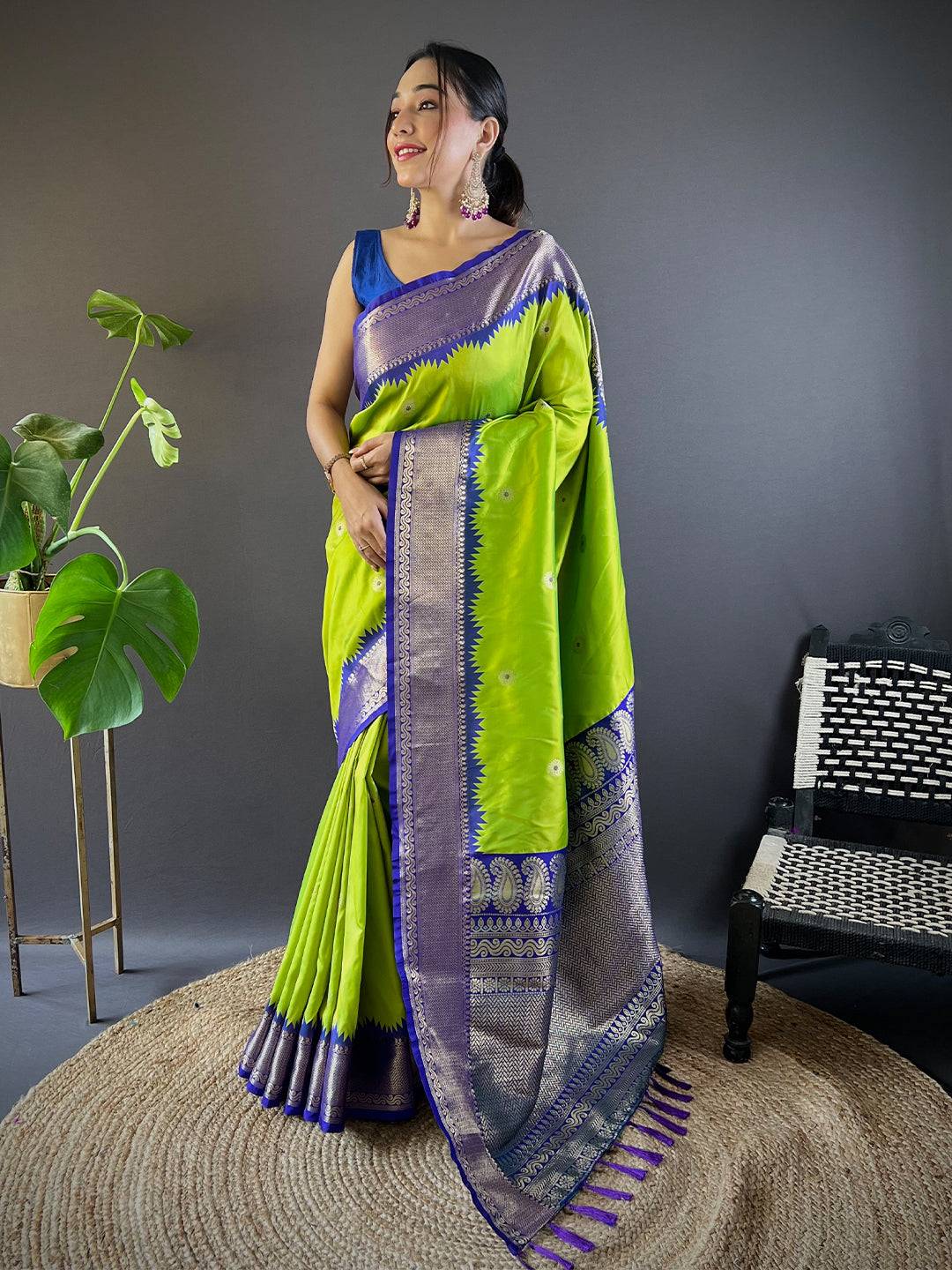 Lime Green Eyecapthear Gadhwal Silk Saree by My Store