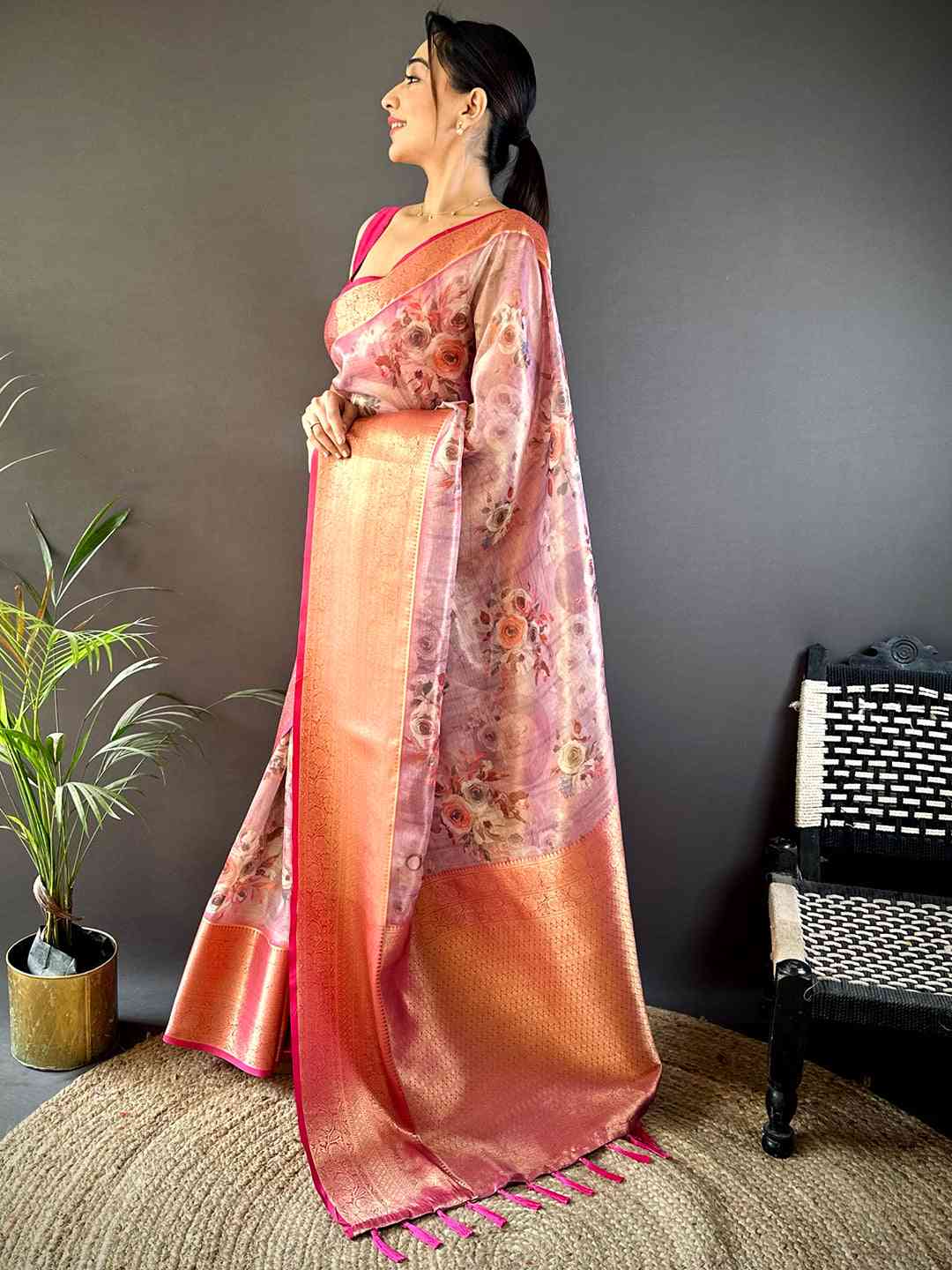 Purple Floral Gold Zari Tissue Saree by My Store