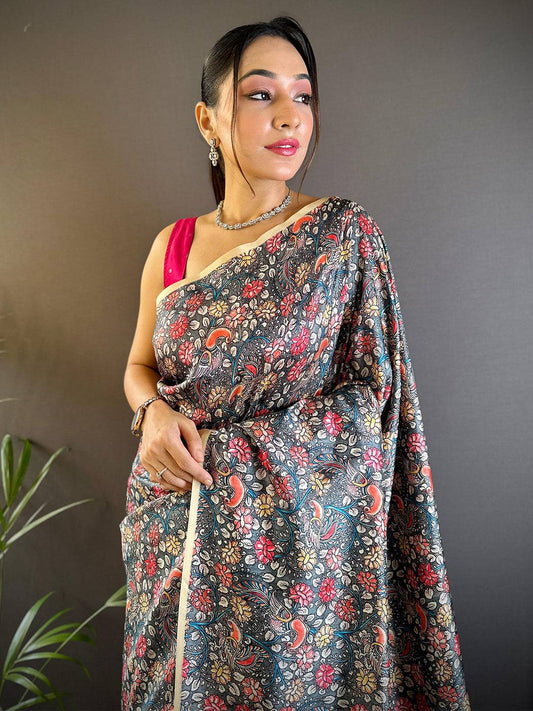 Grey Kalamkari Floral Print Gamthi Saree by My Store