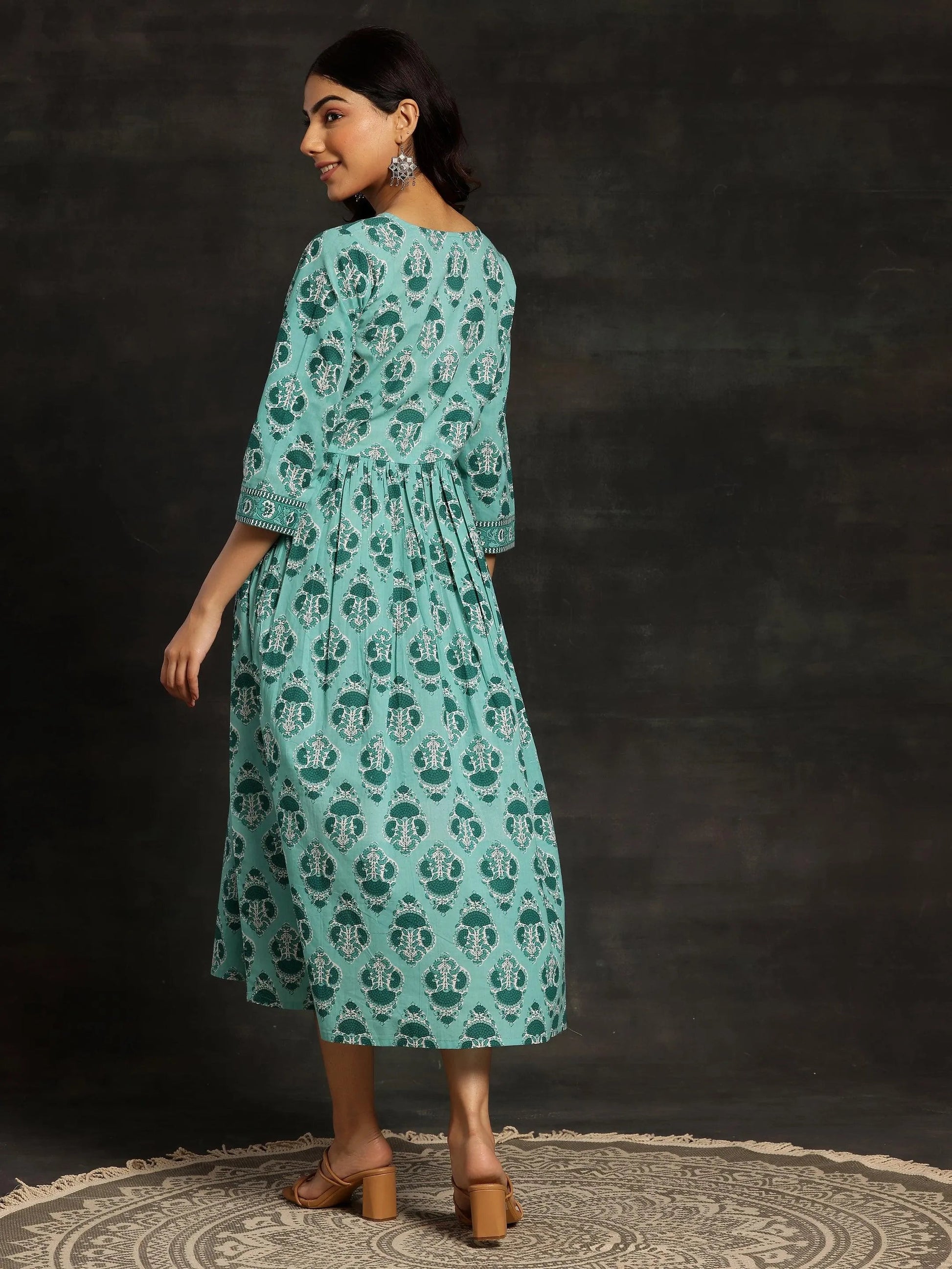 Sea Green Printed Cotton Fit and Flare Dress by My Store