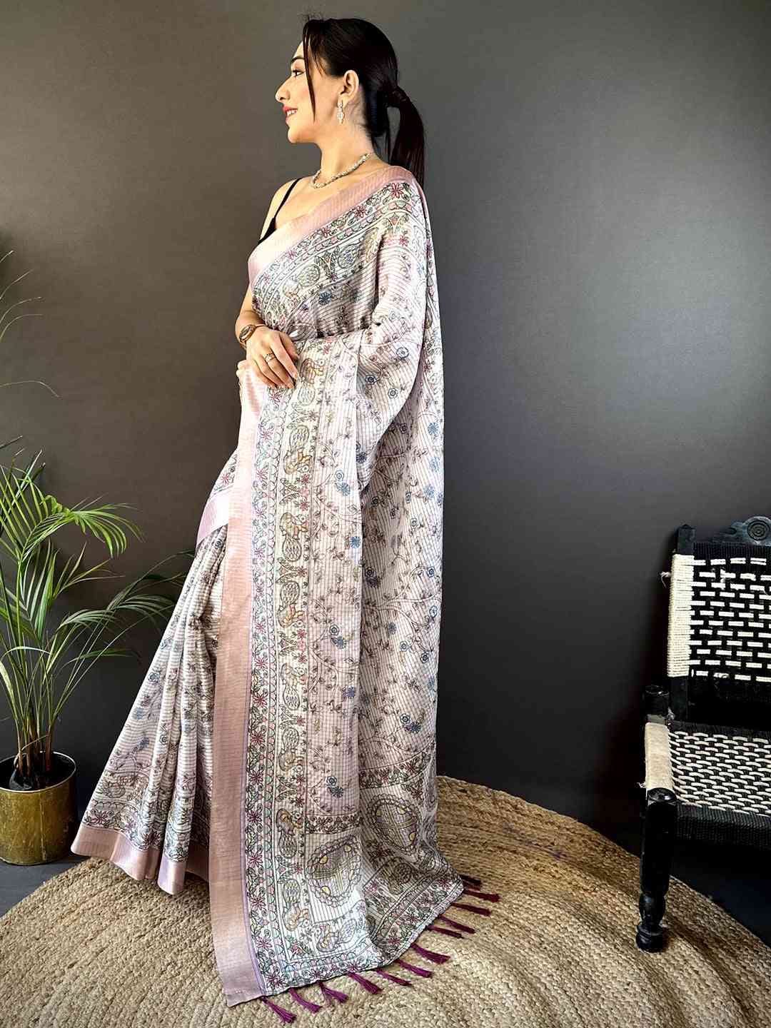 Light Pink Chanderi Madhubani Black Chex Saree by My Store