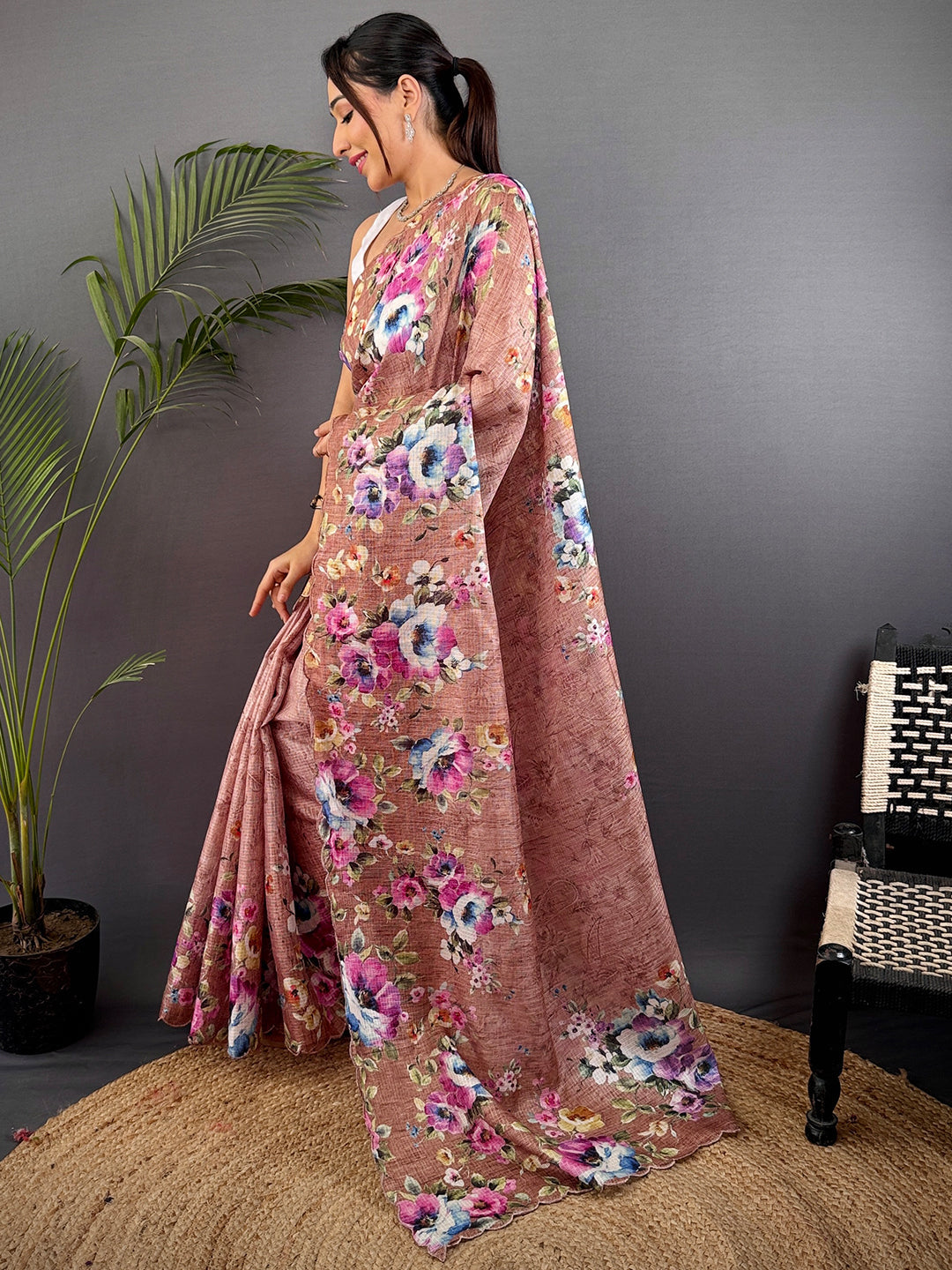 Brown Kota Doriya Floral Cut Work Saree by My Store