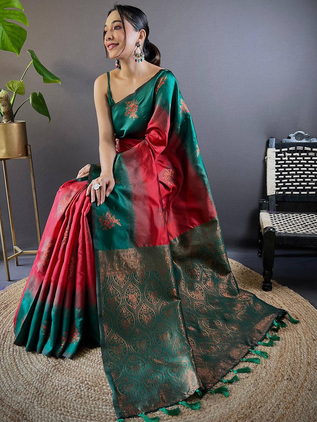 Cherry Red Sami Banarasi Tussar Silk Saree by My Store