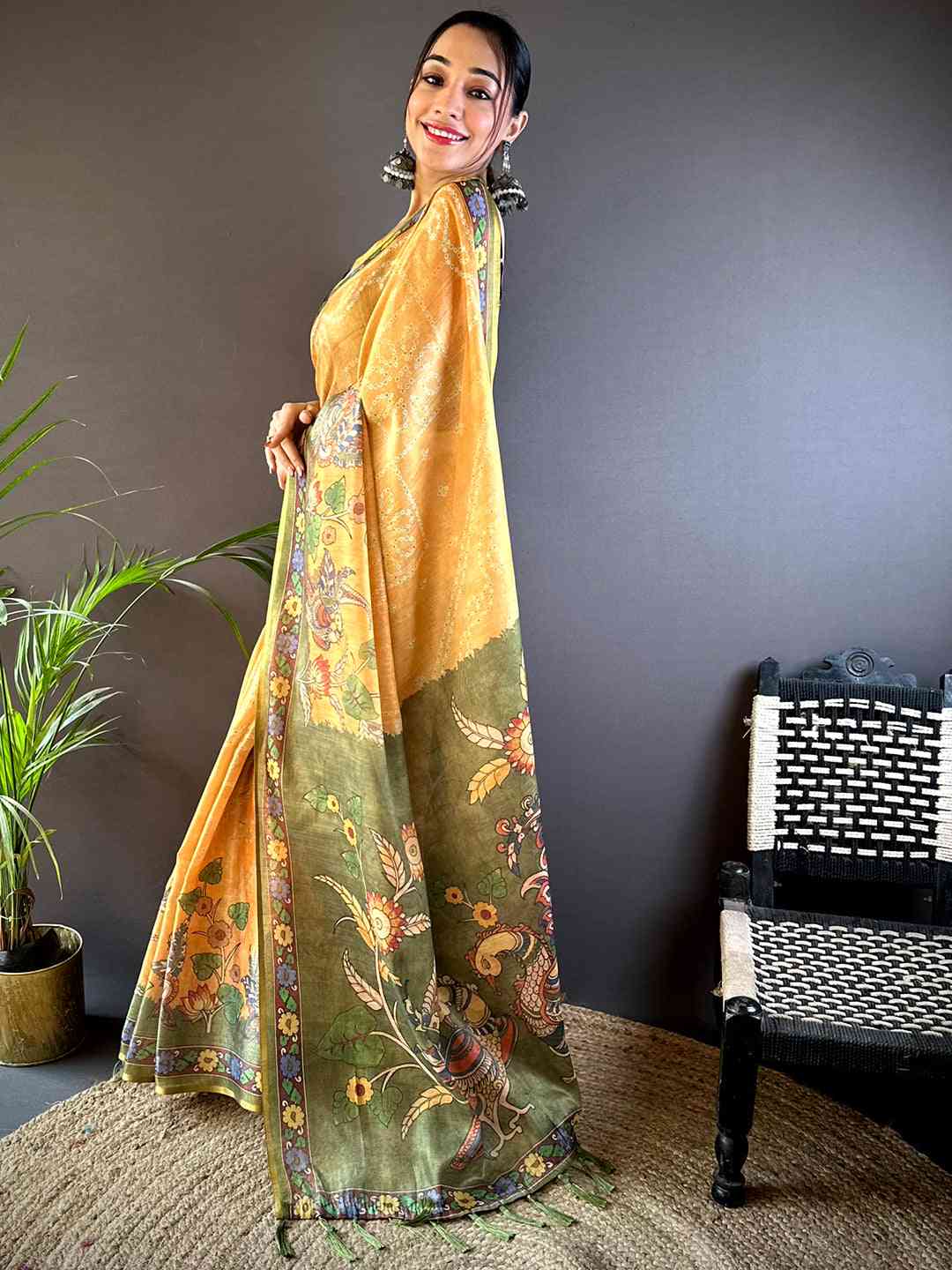 Lemon Yellow Tissue Bandhej Kalamkari Saree by My Store