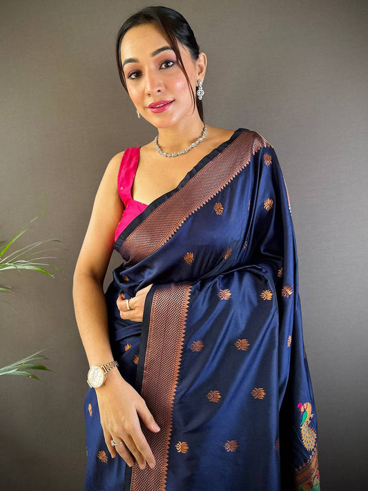 Copper Allure Soft Silk Navy Blue Saree by My Store