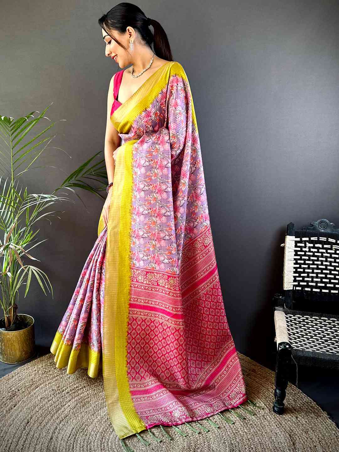 Lavender Tussar Chex Floral Saree by My Store