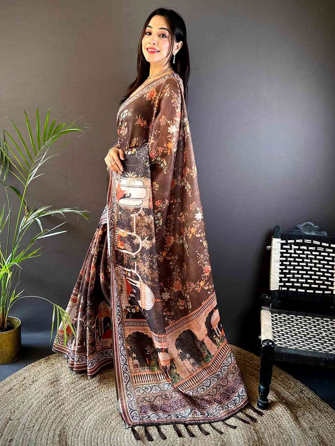 Coffee Brown Tissue Chanderi Kalamkari Handprint Saree by My Store