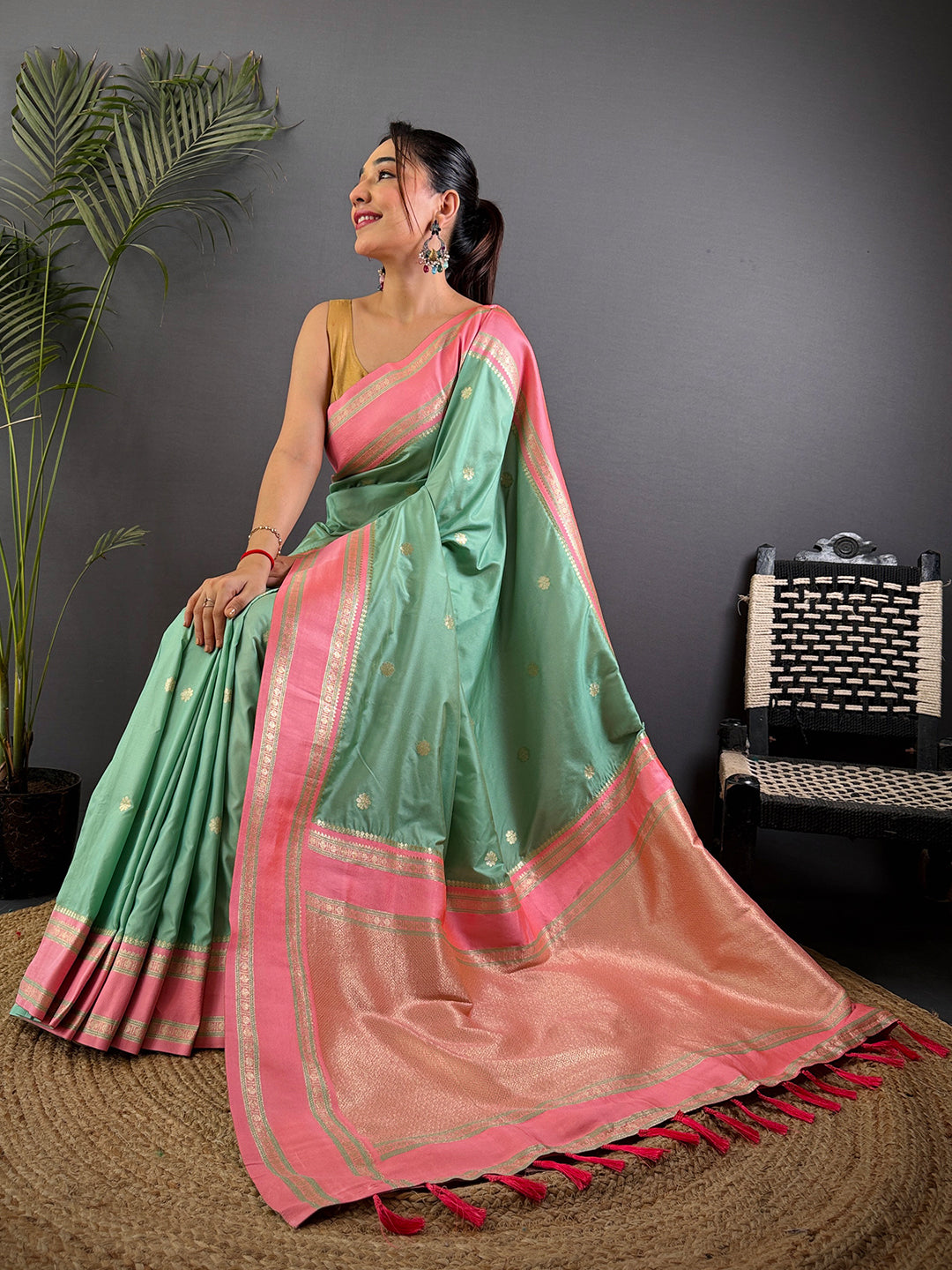 Pista Soft Silk Floral Butta Saree by My Store