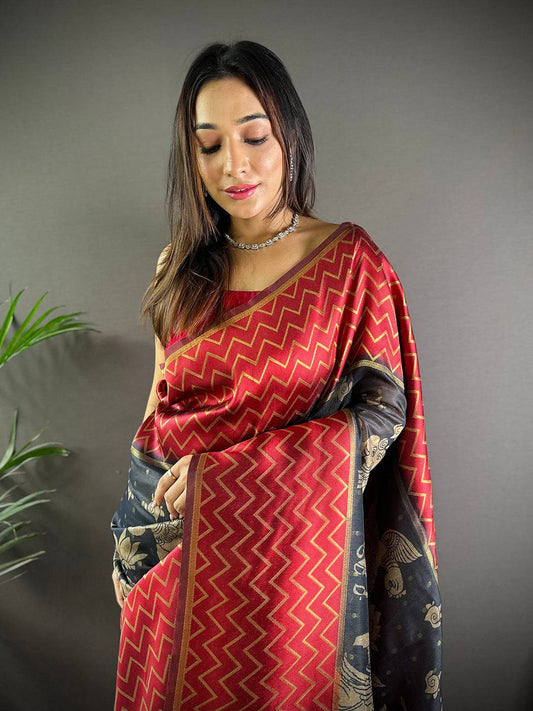Red Heritage Weave Kalamkari Soft Silk Saree by My Store