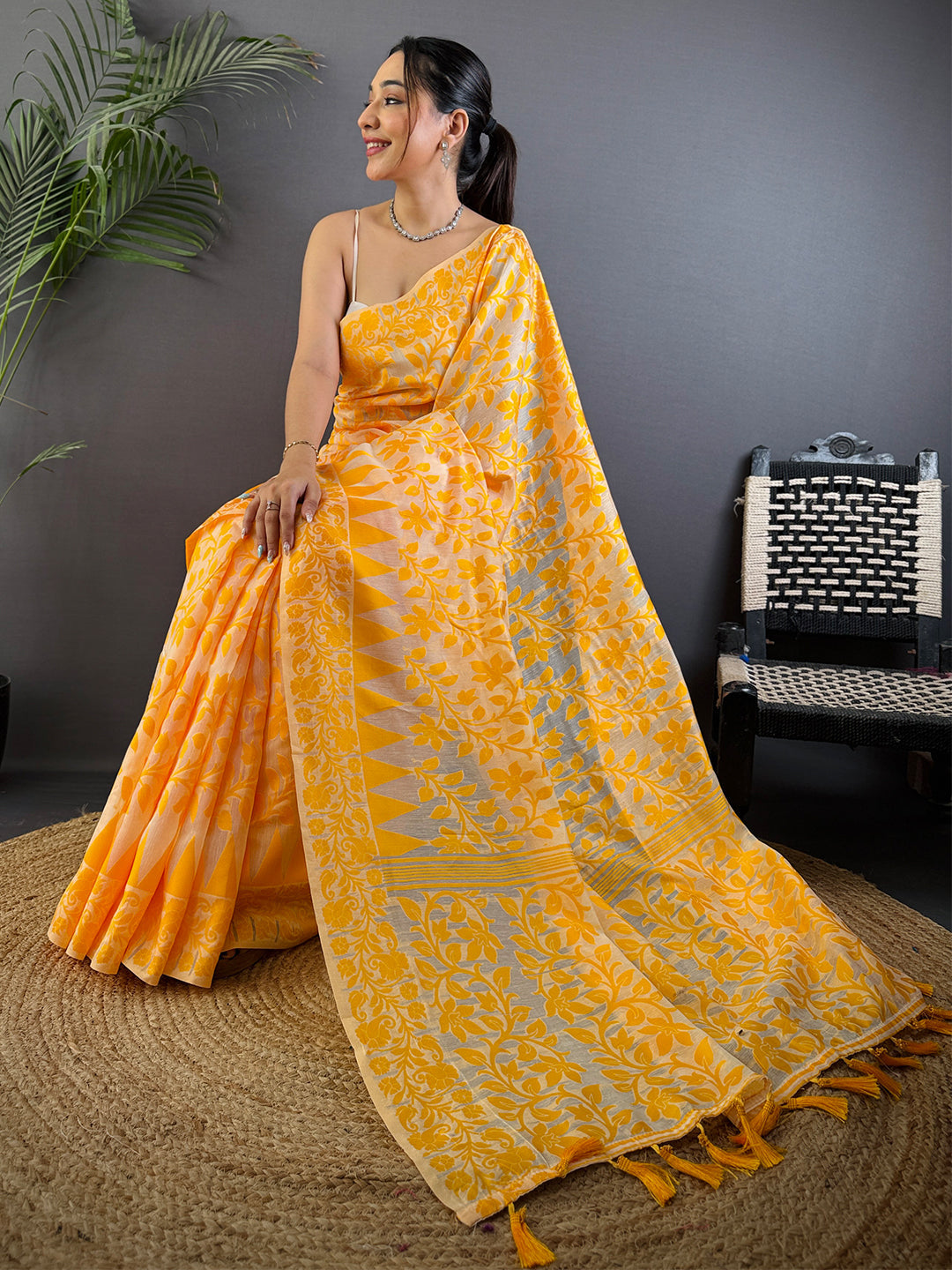 Bright Yellow Soft Cotton Silk Jamdani Saree by My Store