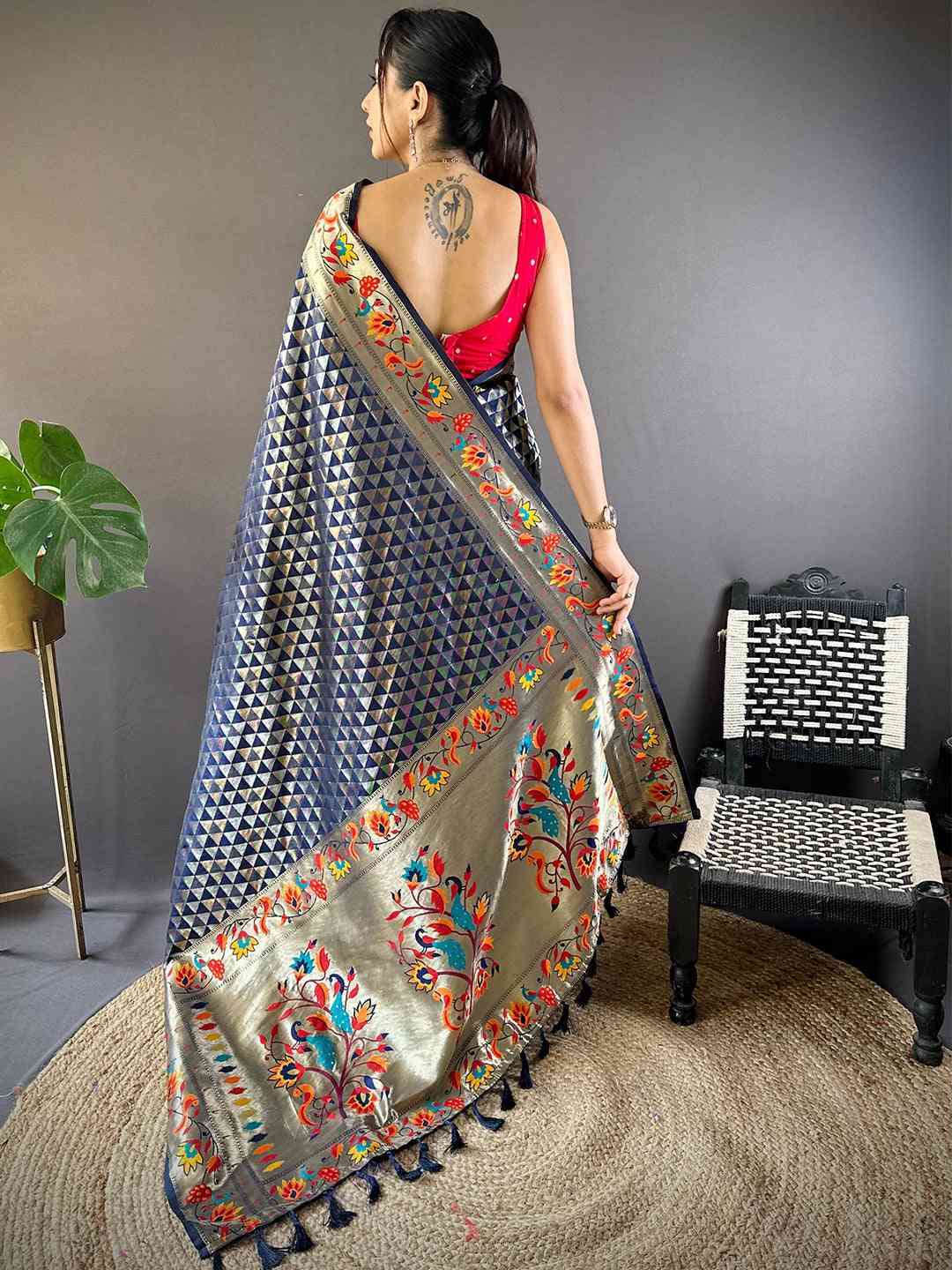 Navy Silk Blend Woven Zari Work Paithani Saree by My Store