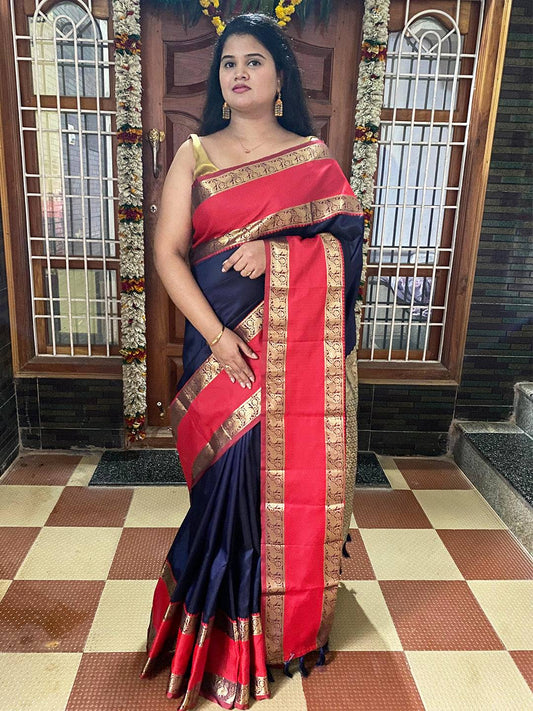 Navy Blue Elegance Kanchi Zari Silk Saree by My Store