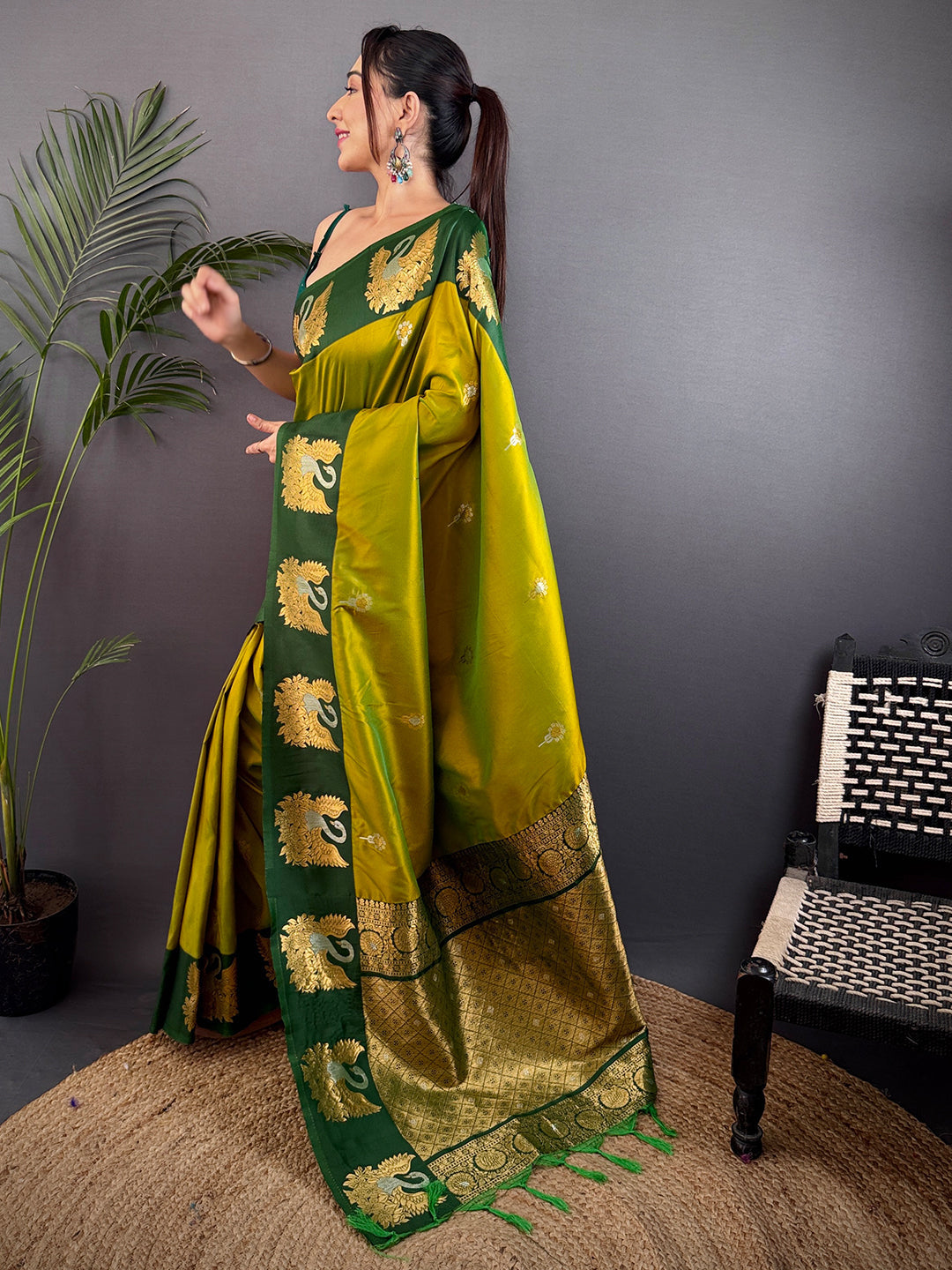 Green Swan Motif Soft Silk Saree by My Store