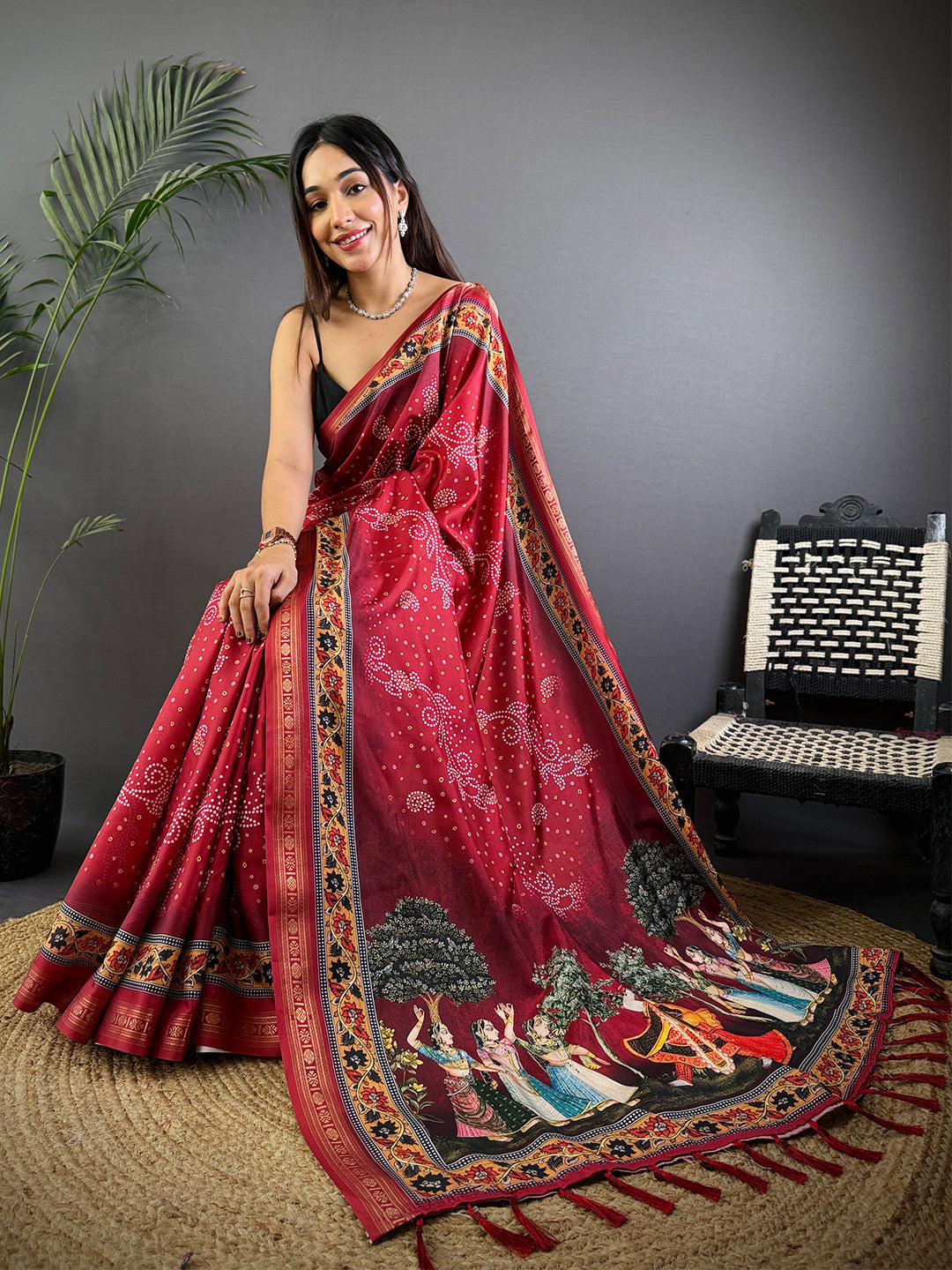Red Bandhej Kalamkari Soft Silk Saree by My Store
