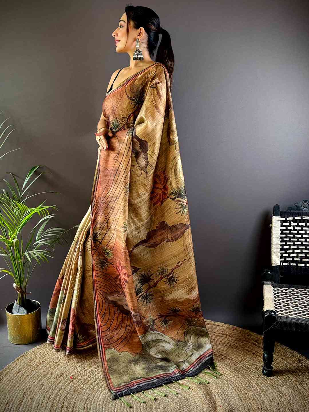 Brown Tissue Chanderi Floral Abstract Saree by My Store
