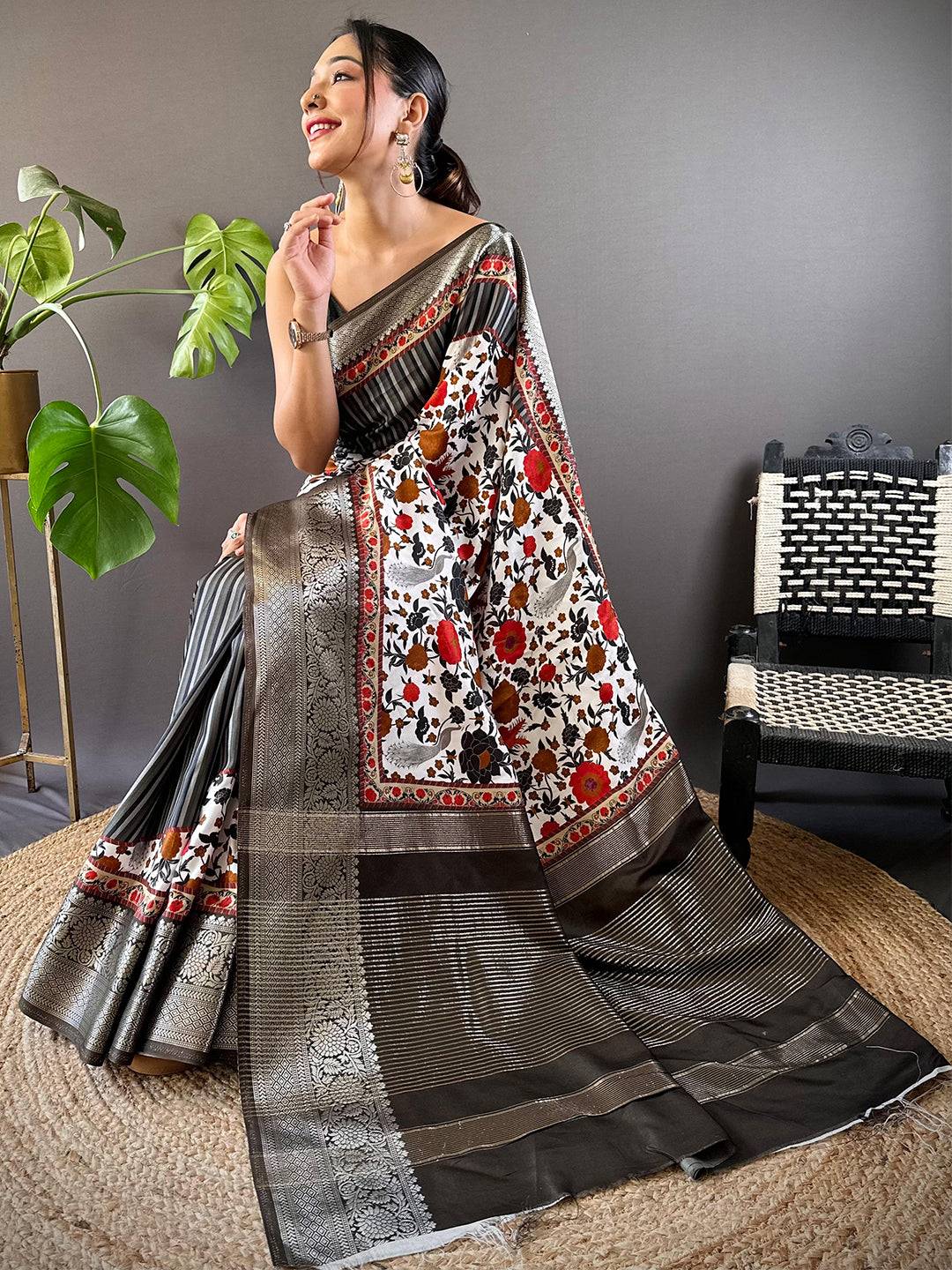 Black Floral Peacock Fusion Saree