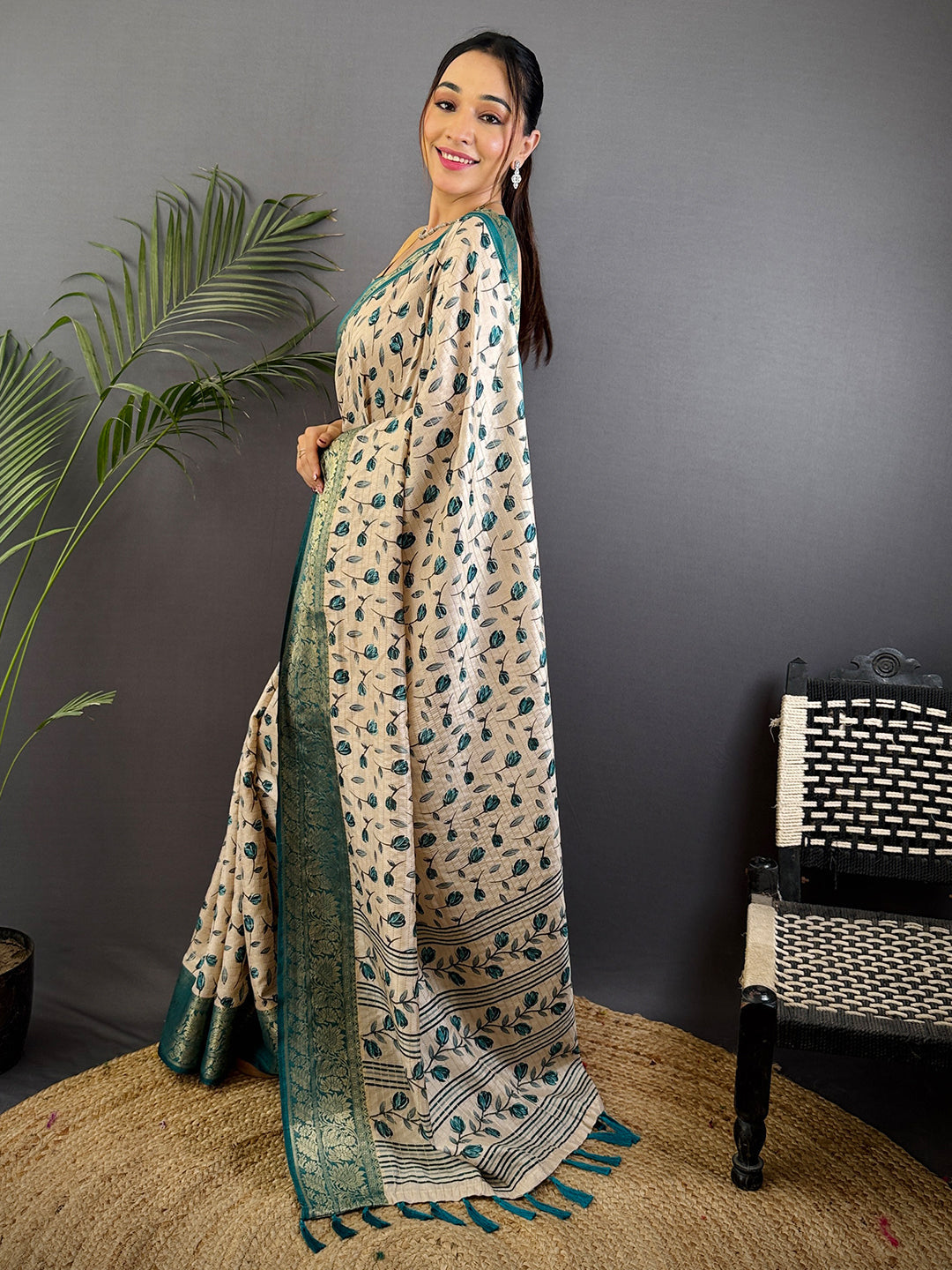 Radiant Leaf Print Soft Dola Silk Saree by My Store