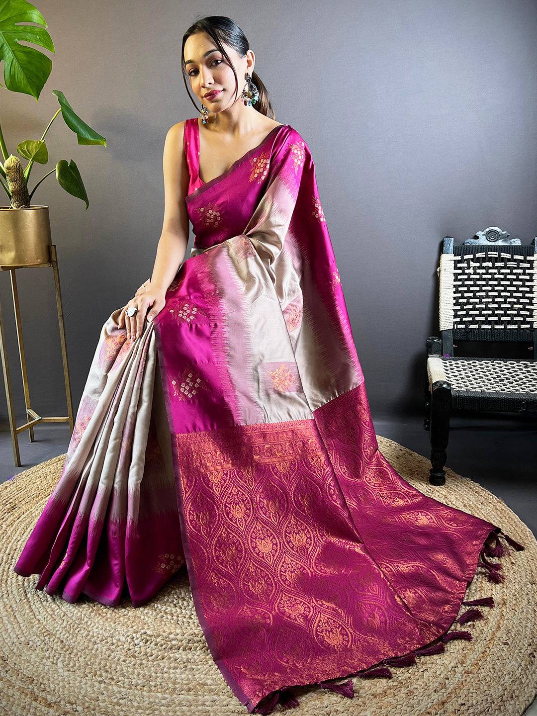 Magenta Sami Banarasi Tussar Silk Saree by My Store