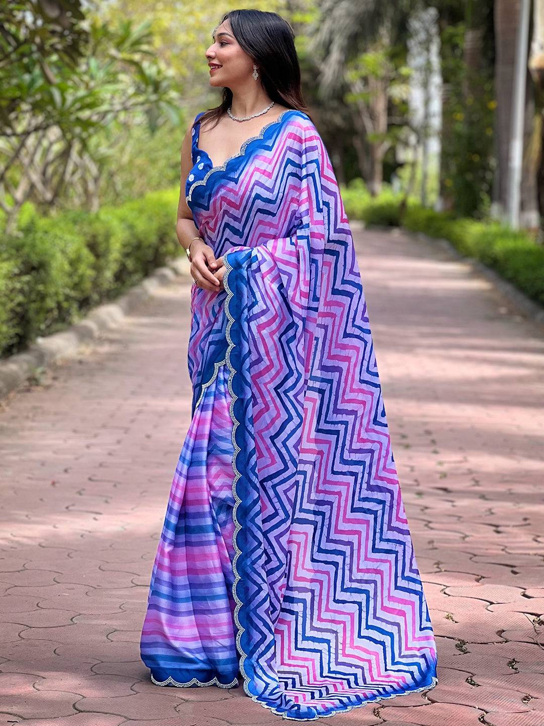 Stylish Leheriya And Striped Print Saree by My Store
