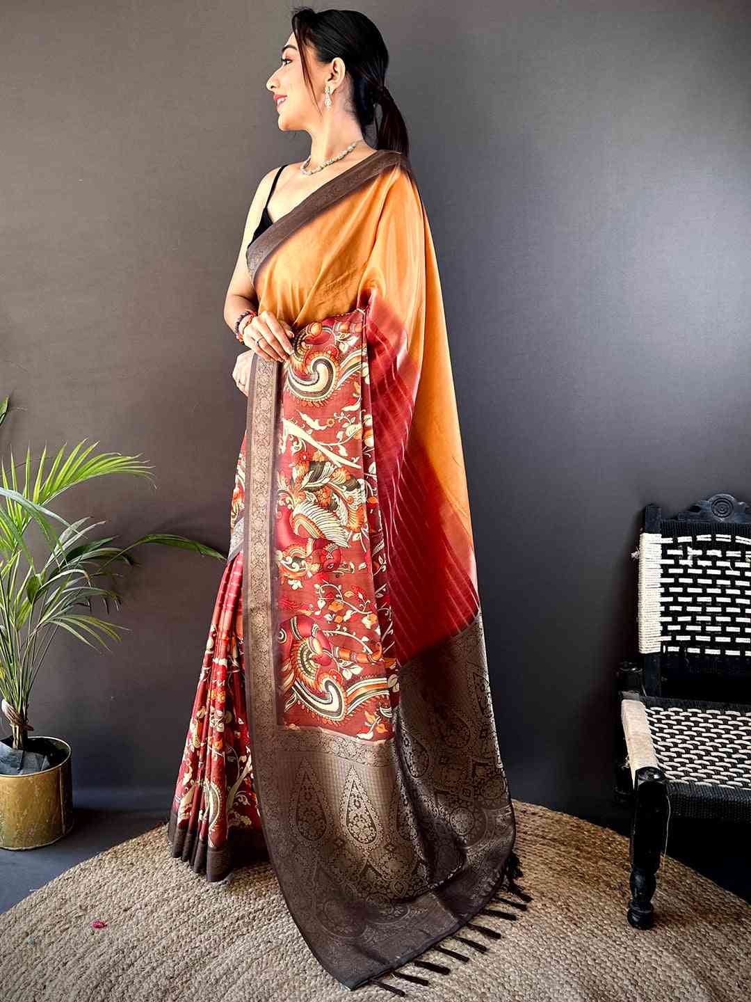 Merigold Kalamkari Ombre Soft Silk Saree by My Store