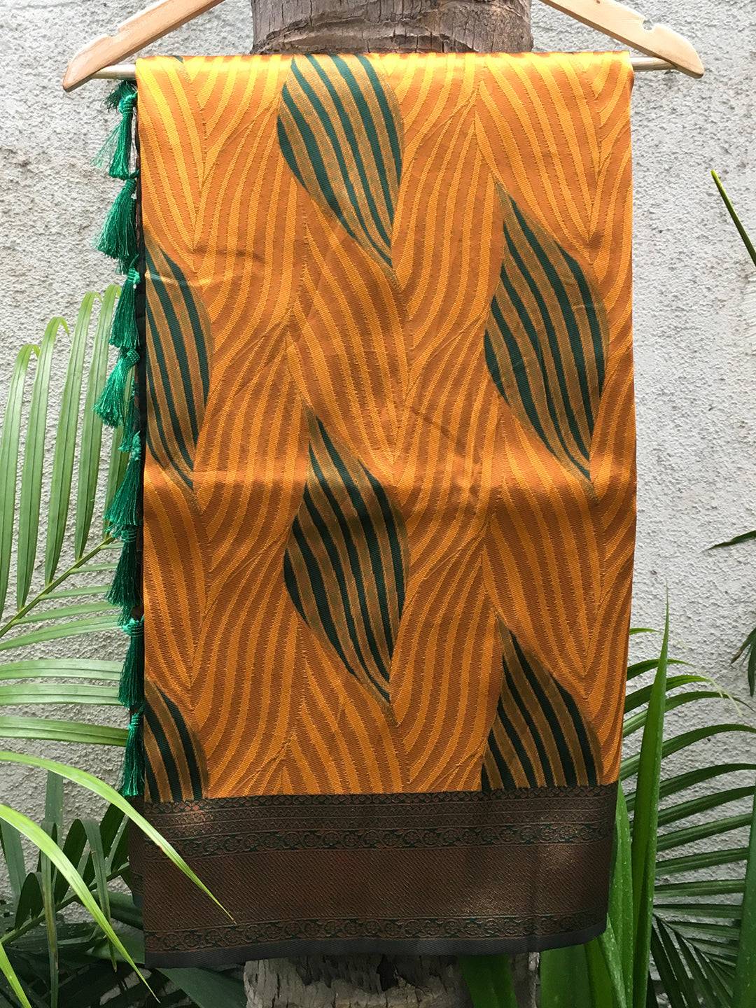 Mustard Tussar Silk Zari Weaving Ikkat Saree by My Store