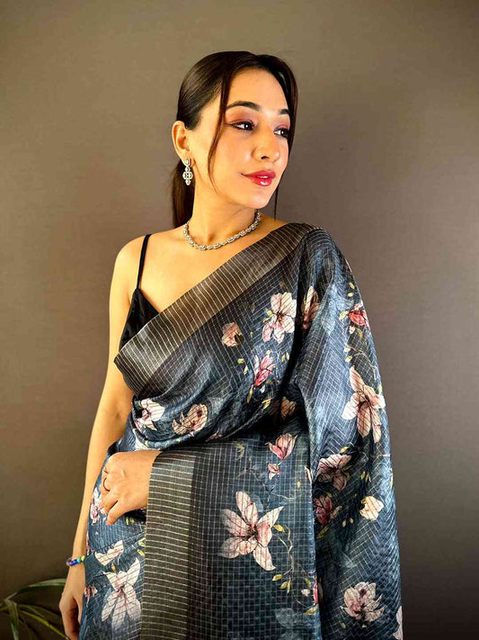 Steel Blue Tissue Chanderi Digital Check Saree by My Store
