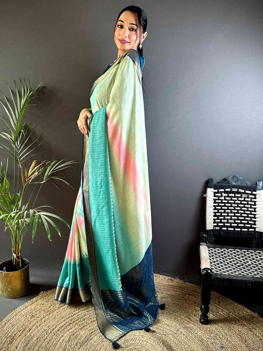 Radiant Cotton Viscose Zari Check Ombre Saree by My Store
