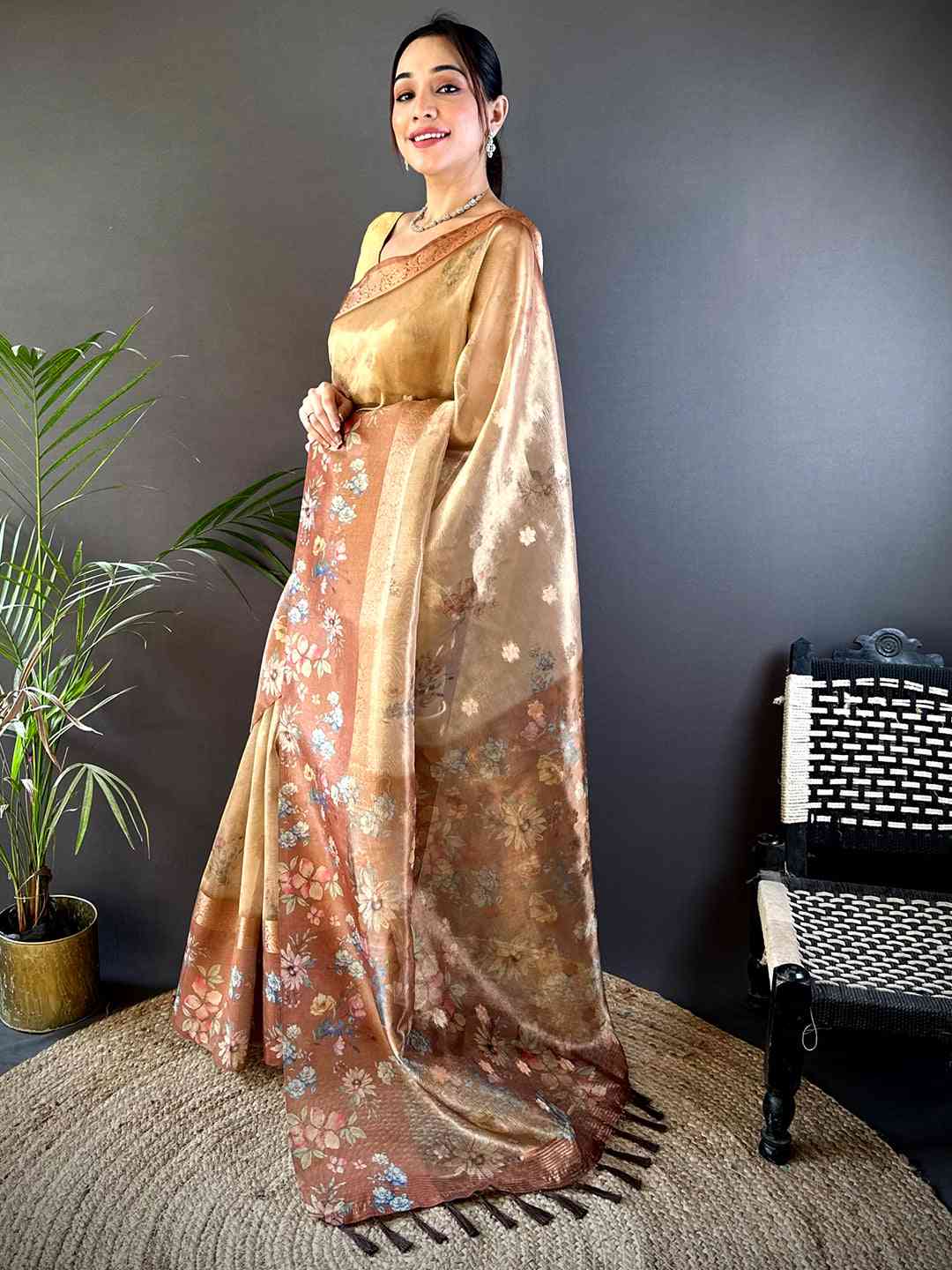 Mustard Tissue Digital Floral Saree by My Store
