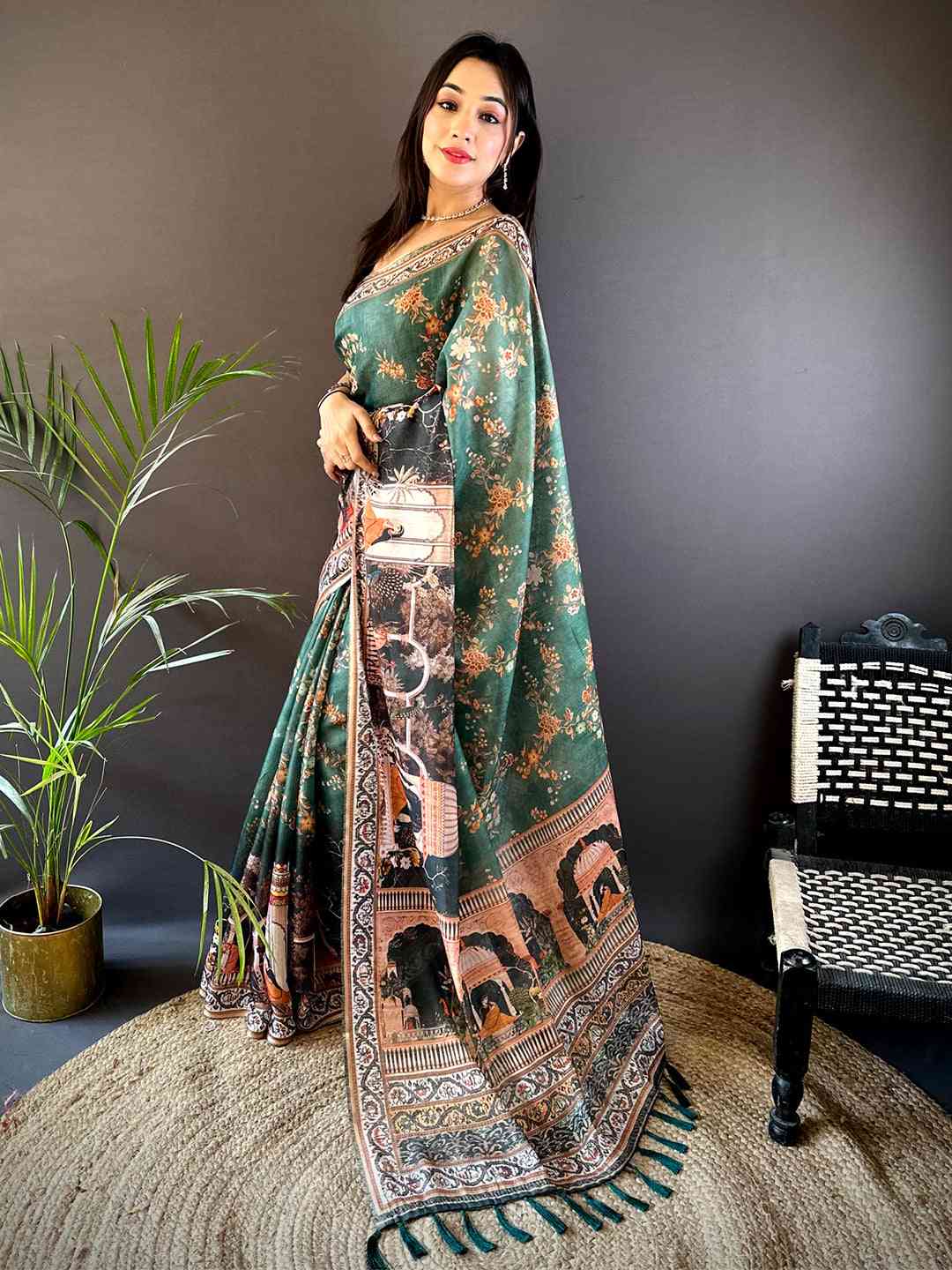Bottle Green Tissue Chanderi Kalamkari Handprint Saree by My Store