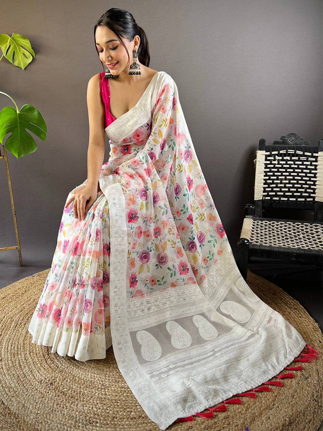 Multicolor Flower Digital Print Saree by My Store